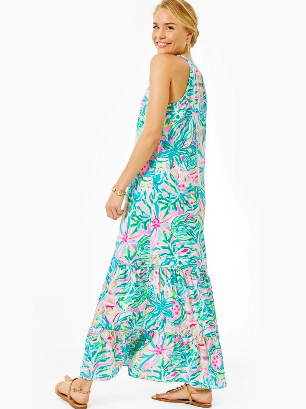 Lilly Pulitzer Multicolor Floral Halter Maxi Dress - Turquoise, Pink, Green - Picture 3 of 13